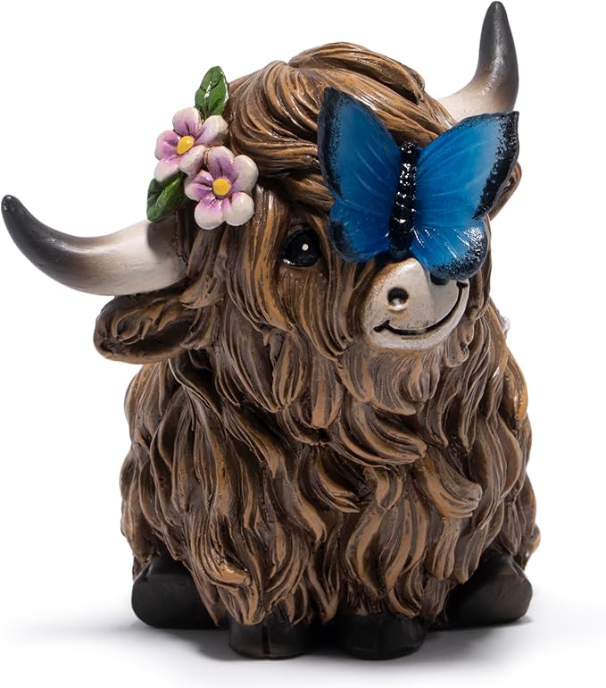 basen Solar Powered Highland Cow Statue for Garden, Resin Outdoor Decor with Illuminated Butterfly, Waterproof Lawn Yard Ornament with Auto On Off Light for Patio Backyard