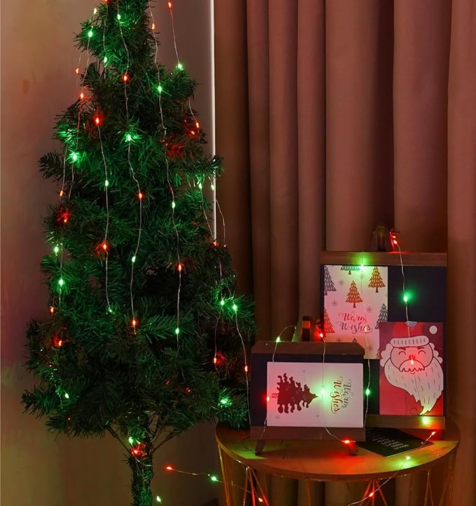 QITONG 4 Pack Solar Fairy Lights, Each 33ft 100 LED Red and Green Christmas String Light Outdoor Waterproof, 8 Modes Silver Wire Twinkle Mini Lights