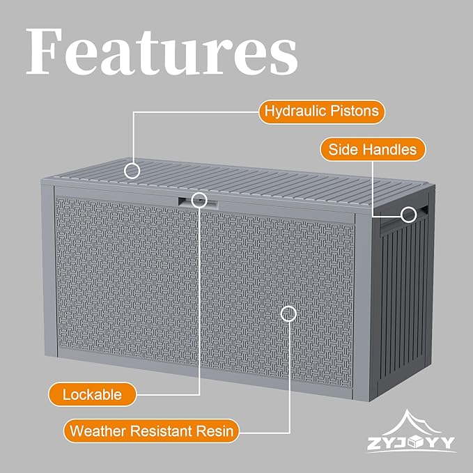 ZYJOYY Outdoor Storage Box, 90 Gallon Deck Box, Waterproof Resin Storage Box for Patio Cushions, Gardening Tools, Lockable, UV Resistant, Grey