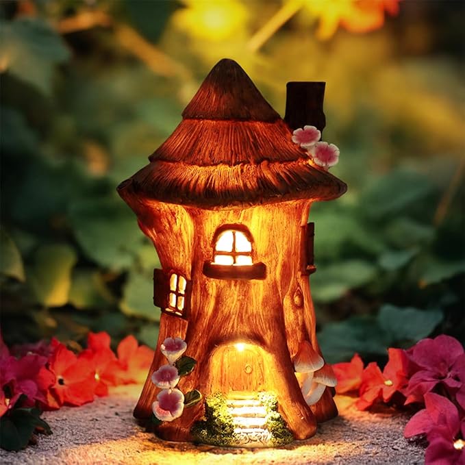 Solar Light Fairy Tree House - Fun Natural Figurine Sculpture with Solar LED Lights for Indoor Outdoor Art Decorations, Patio Yard Lawn Ornaments Gift