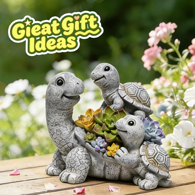 basen Solar Turtle Garden Statue with LED Succulent Lights, Resin Outdoor Tortoise Family Figurine, Waterproof Yard Lawn Patio Decor, Cute Animal Sculpture for Porch, Backyard, Gift