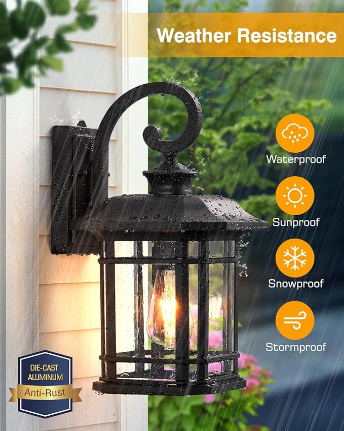 VIANIS 16.7 in Large Black Dusk to Dawn Outdoor Lighting, Anti-Rust Porch Light Fixture with Seed Tempered Glass, Waterproof Outdoor Wall Lights, Exterior Lighting Fixtures for House, Garden, Garage