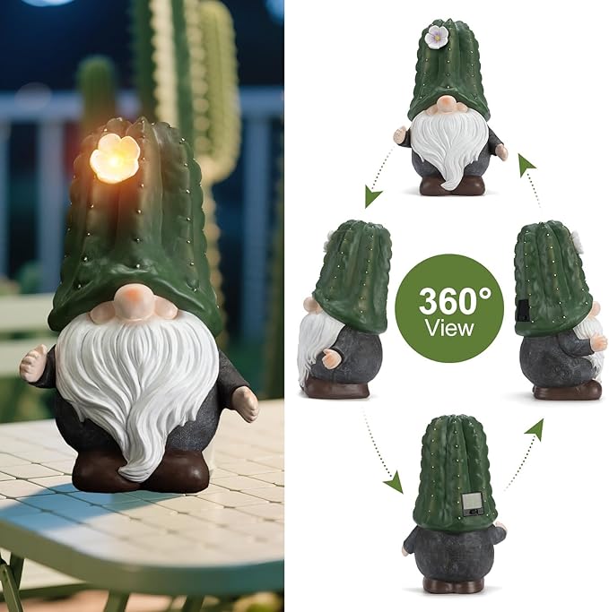 Solar Cactus Gnome Statue Garden Decor Light - Outdoor Decorative LED Flower, Suitable for Patio, Lawnand Garden Decorations, Gifts for Mom