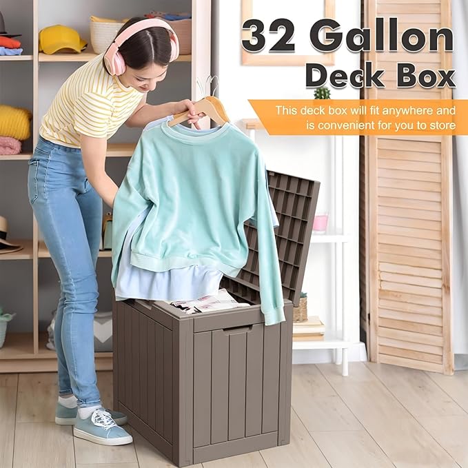 WTFGO 32 * 2 Gallon Outdoor storage deck Box Waterproof ，garden tool,backyard cushion,poolside toy storage,Smalldelivery boxes for outside,Two Boxes/set (Wood-like Striped Gray