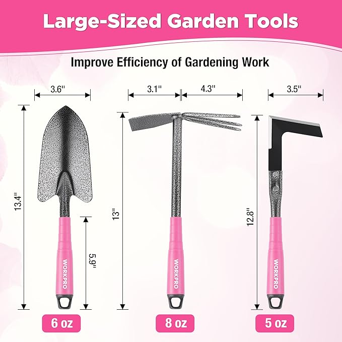 WORKPRO 6-Piece Pink Garden Tool Set, Heavy Duty Gardening Hand Tools with Soft Rubber Handle, Including Trowel, Rakes, 2-in-1 Hoe and Crack Weeder, Ideal Gardening Gifts for Men and Women