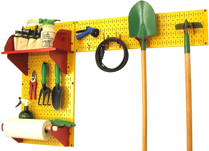 Wall Control Pegboard Garden Supplies Storage and Organization Garden Tool Organizer Kit with Yellow Pegboard and Red Accessories