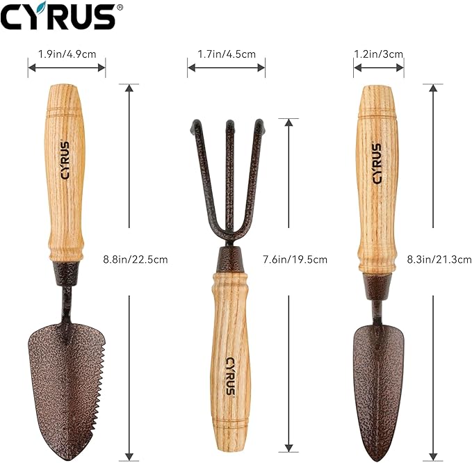 CYRUS Small Garden Shovel Set,3 Piece Garden Shovel Carbon Steel,Includes Hand Shovel, Transplanting Shovel and Hand Rake with Ash Wood Handle for Succulent Plants,Small Potted Plants Planting