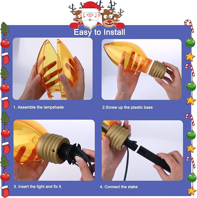 2 Pack Christmas Lights Jumbo C9 Outdoor Lawn Decorations with Pathway Marker Stakes, Total 21Ft 10 LED C7 Lights Covered Jumbo Glitter Multicolor Bulb for Holiday Outside Yard Garden Decor