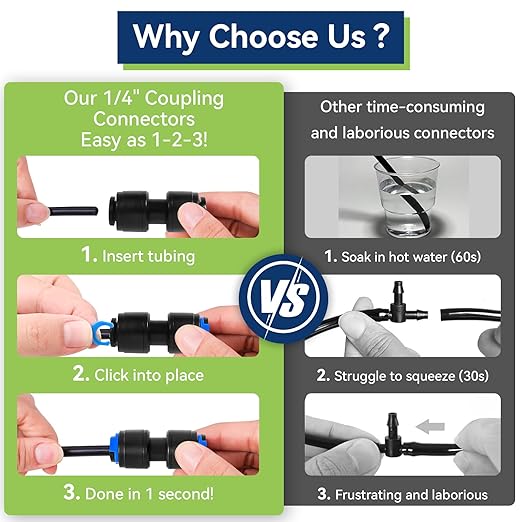 20 Pack 1/4" Drip Universal Straights Fitting Connectors, Quick Connect Universal Drip Irrigation Tubing Coupling Valve, Connector Locking Fitting for Sprinkler or Drip Irrigation System