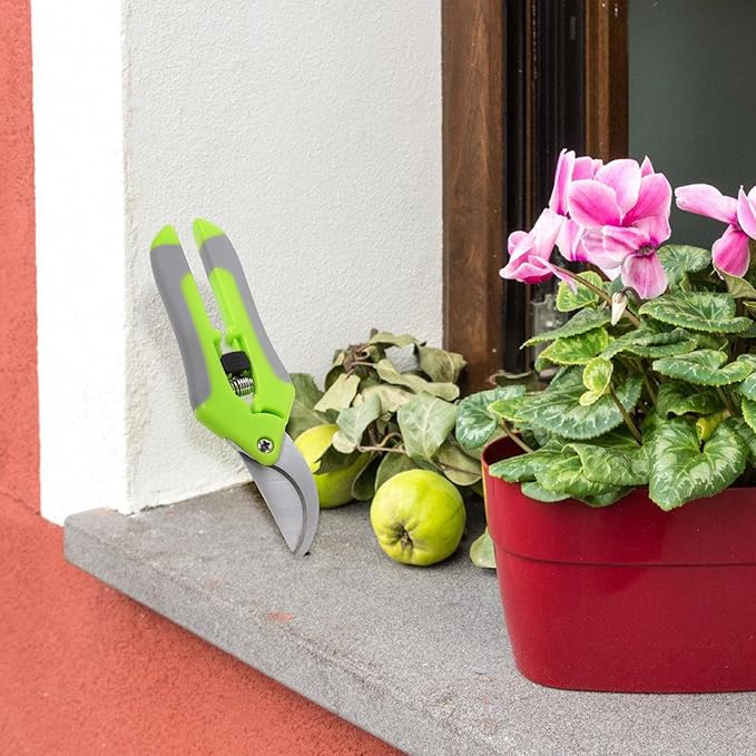 HANABASS 2pcs Garden Pruning Shears and Floral Flower Scissors for Gardening and Fruit Tree Trimming, Green Steel Curved Blade Hand Tools for Plant Pruning and Stem Cutting