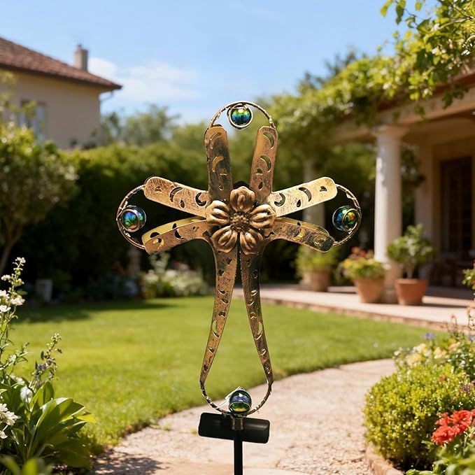 Kaixoxin Solar Power Cross Stake Warm White Color Florals Solar Lights Garden Decor Memorial Gift Cemetery Decoration LED Outdoor Landscape Light