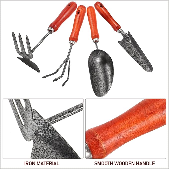 Housoutil 4pc Hand Garden Tools Set with Thick Painted Shovel, Rake, Narrow Trowel and Dual-Purpose Hoe, Sturdy Transplanting and Weeding Kit for Vegetable Gardens and Flower Pots