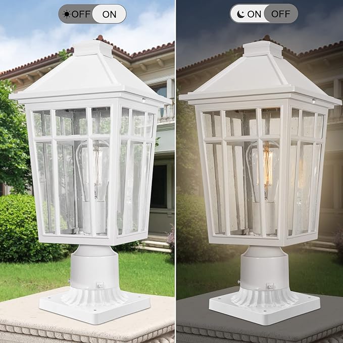Darkaway Large Outdoor Post Lights Lamp Post Light Fixture, 17inch Waterproof Aluminum Post Lamp with Glass, Fence Deck Lighting for Garden, Patio, Pathway (Large，White)