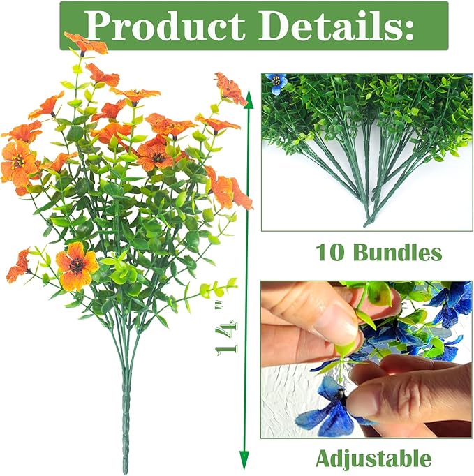 10 Bundles Artificial Flowers Outdoor UV Resistant Fake Flowers No Fade Faux Plants Garden Porch Window Box Decorating (Orange)