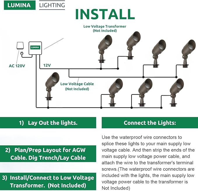 Lumina Lighting® 5W Landscape Lighting 12V Landscape Lights Low Voltage Landscape Spotlights Warm White Waterproof Outdoor Replaceable LED Bulb for Garden,Lawn,Porch,Patio and Yard (Bronze) (6-Pack)