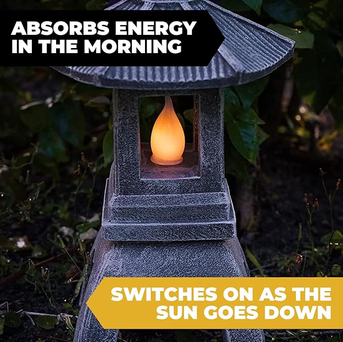 VP Home Pagoda Garden Statue, Solar Powered Statue Japanese Garden Decor, Outdoor Zen Garden Lantern, Flickering LED Garden Light (Tranquil Pagoda)