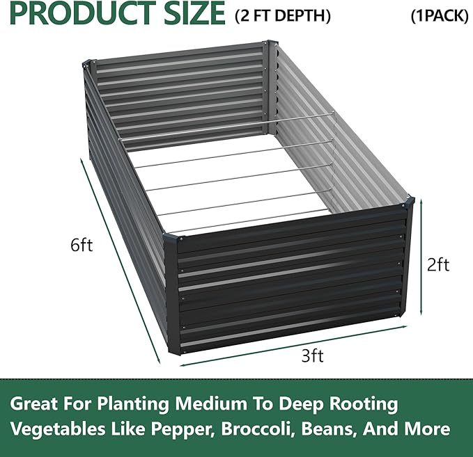 Vengarus 6x3x2FT Galvanized Raised Garden Bed Kit, Deep Root Planter Box for Vegetables, Flowers, Herbs, and Succulents - 269 Gallon Capacity,Black