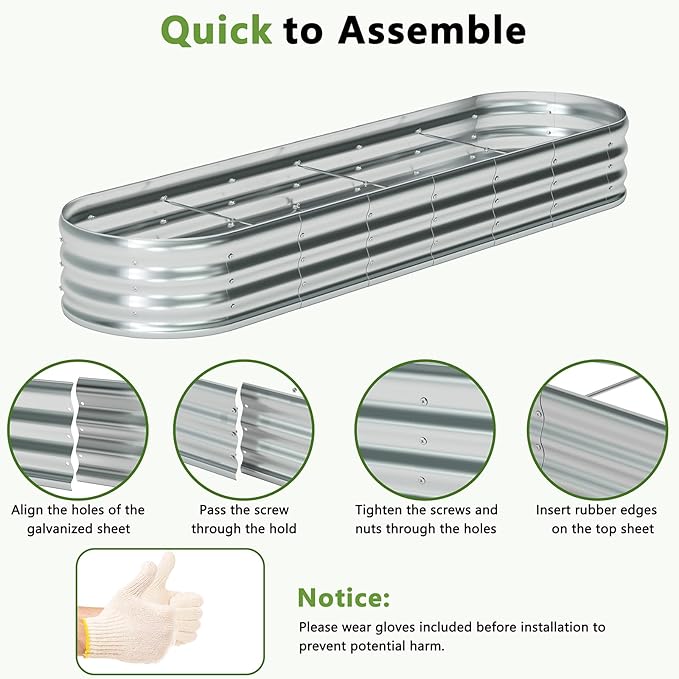 zizin 2 Pack Oval Galvanized Raised Garden Bed Kit 8x2x1ft Large Metal Planter Box for Outdoor Vegetables, Silver