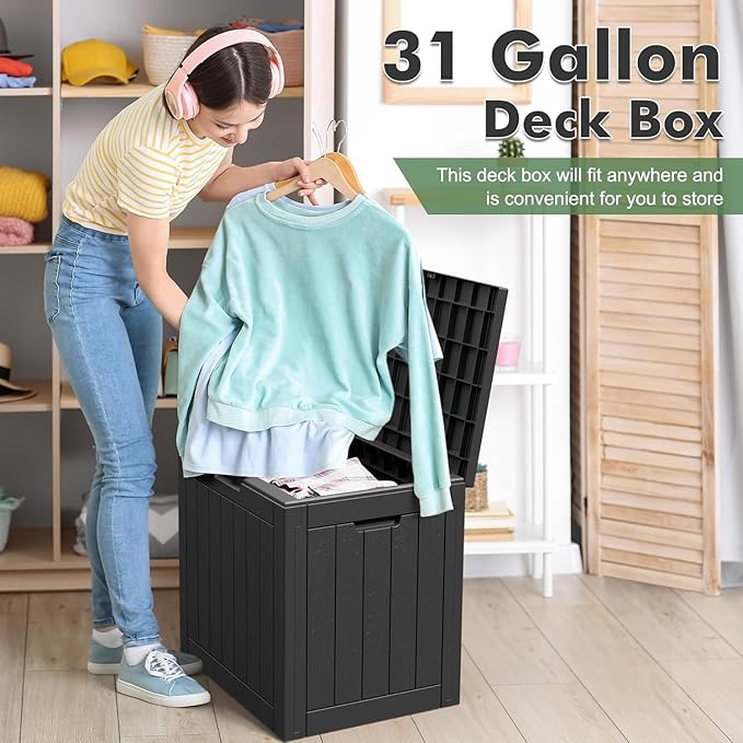 WTFGO 32 * 2 Gallon Outdoor storage deck Box Waterproof ，garden tool,backyard cushion,poolside toy storage,Small delivery boxes for outside,Two Boxes/set,Wood-like Striped BLack
