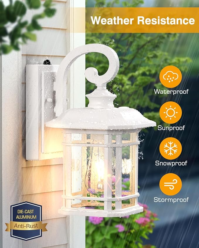 VIANIS White Exterior Lighting Fixtures, 2 Pack Porch Lights Outdoor, Outdoor Wall Lights Dusk to Dawn, Anti-Rust Outdoor Lighting for House, Porch, Garden, Doorway, Seed Tempered Glass