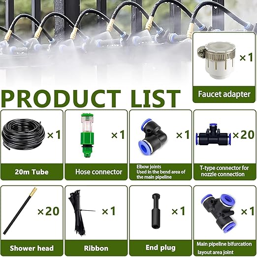 Automatic Greenhouse Drip Irrigation Kit with 20 Brass 360° Adjustable Nozzles 65FT 1/2" Tubing & Misting System for Outdoor Plants, Hydroponics,Raised Beds & Flower Gardens-Easy Setup & Water Saving