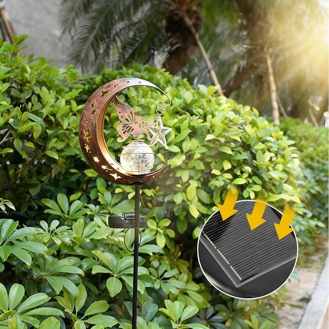 Solar Lights Garden Decorations Outdoor-Moon Fairy Lights with Crackle Glass Globe,Lawn Decorative Lights Waterproof Warm White LED, Decoration for Pathway Lawn Patio Courtyard Backyard(Moon Elf)