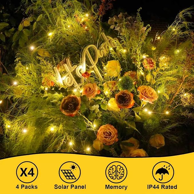 QITONG Solar Fairy Lights, 4 Pack Each 33ft 100 LED Warm White Christmas Light Outdoor Waterproof, 8 Modes Silver Wire Twinkle Mini Lights