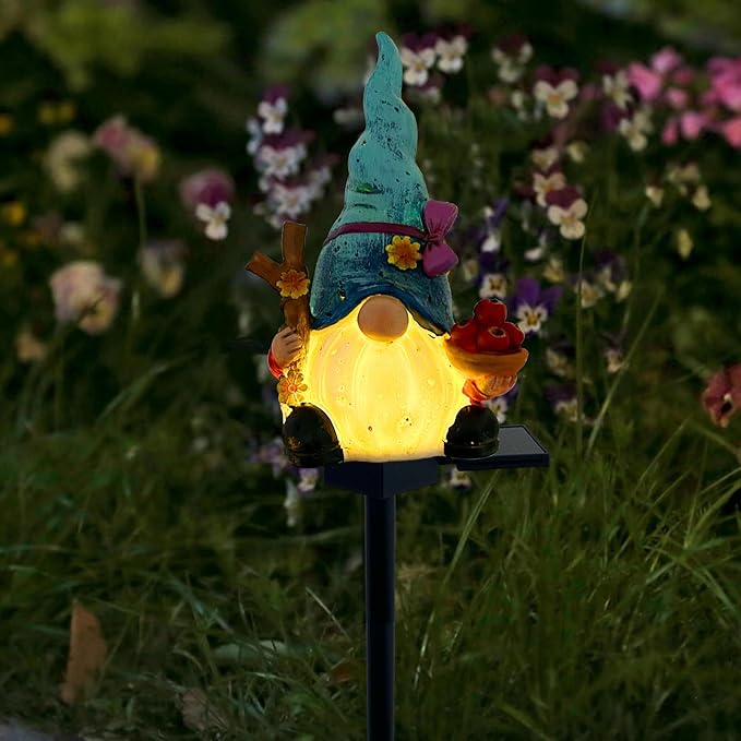 Solar Gnome Garden Lights, Outdoor Gnome Statue with Flowers & Apple, Solar Powered Fairy Garden Lights Gnome Decorations for Home Outside Yard Lawn Patio Gnomes Gifts (Blue)