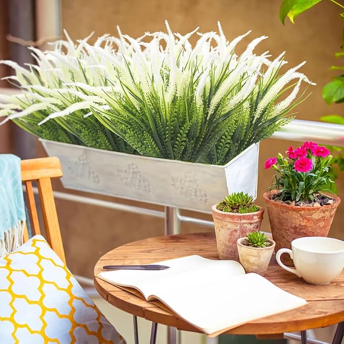 10 Bundles Artificial Plants Outdoor Fake Grass with Flowers UV Resistant Greenery Garden Porch Window Box Decorating (White)
