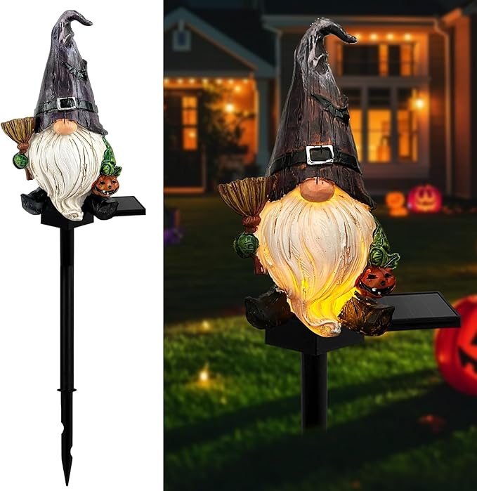 Halloween Gnome Garden Lights Outdoor Solar Halloween Pathway lights, Fall Yard Stakes Fall Decorations Gnome Statue with Bat&Pumpkin, Gnomes Gifts Fairy Garden Lights for Outside Lawn(Purple)