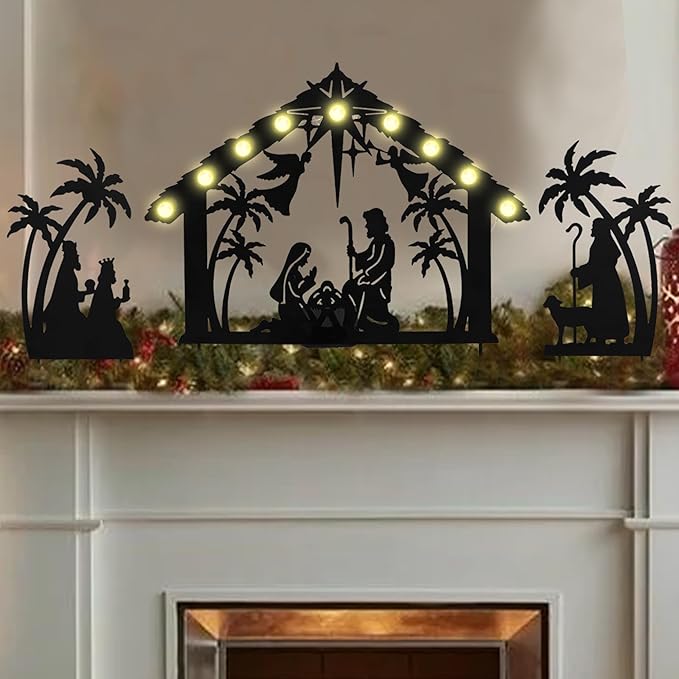 3Pack Lighted Metal Nativity Scene Garden Stake,Solar Christmas Decorations Outdoor,Silhouette Nativity Set Outside for Yard Decor
