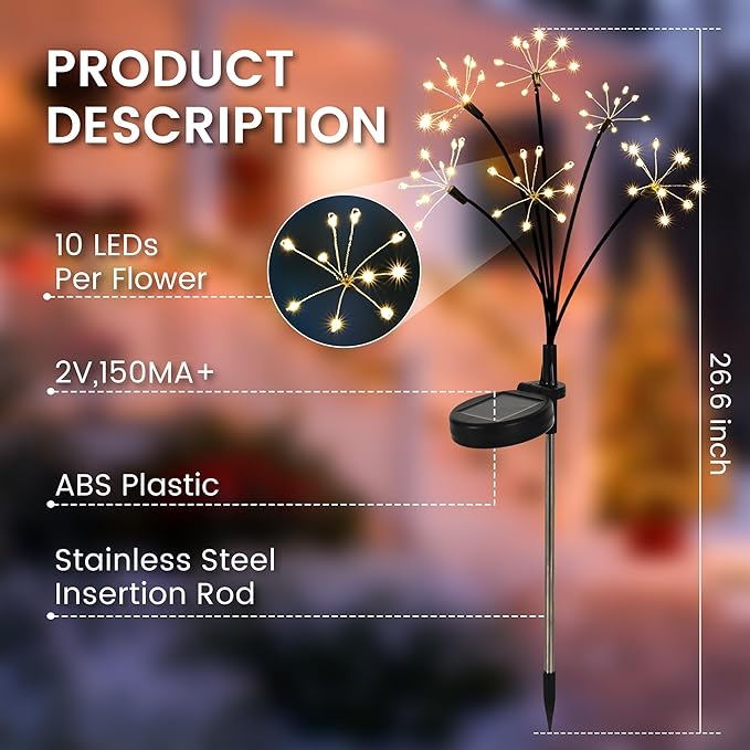 Solar Garden Lights Outdoor, Solar Garden Decor, Solar Fairy Lights, Gardening Supplies, Solar Powered Lights Waterproof for Yard Patio, Fairy Decor Firwork(2 Pack)