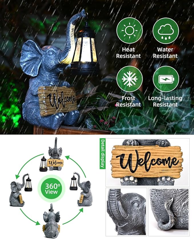 KVR Solar Elephant Garden Lights, Outdoor Welcome Statue Decor for Patio Yard, Birthday Gift for Women Mom Grandma (2025 New Gift Ready) (Black)