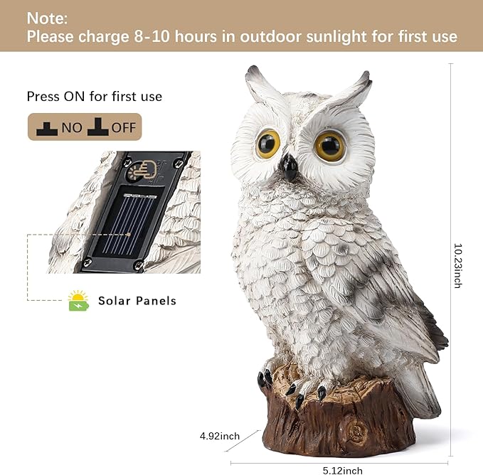 Solar Owl Garden Statues Outdoor Decor Resin Owl Figurine with LED Lights Owl Sculpture for Porch Patio Lawn Yard Decorations Christmas Housewarming Gifts for Women Mom,White Owl