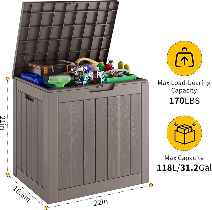 WTFGO 32 * 2 Gallon Outdoor storage deck Box Waterproof ，garden tool,backyard cushion,poolside toy storage,Smalldelivery boxes for outside,Two Boxes/set (Wood-like Striped Gray