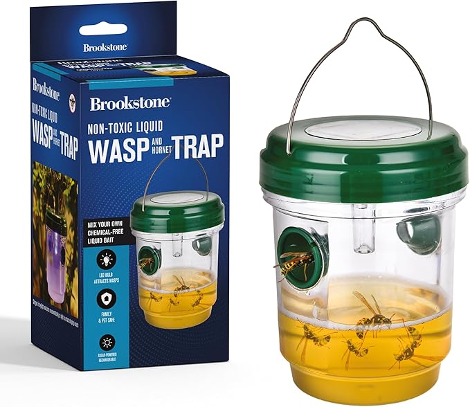 Brookstone Non-Toxic Liquid Wasp & Hornet Trap – Solar Powered Rechargeable LED Bulb, Eco-Friendly Wasp & Hornet Catcher for Gardens & Patios