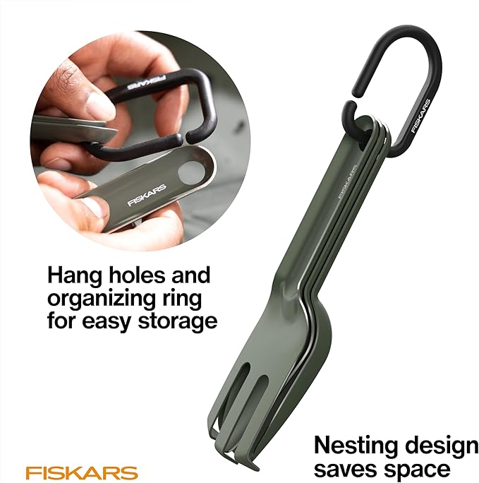 Fiskars 5-Piece Cultivating Tool Set, Nesting Trowel, Soil Scoop, Cultivator, Tongs & Brush for Indoor Gardening, Stainless Steel with Powder Coat Finish, Space Saving Design, Black