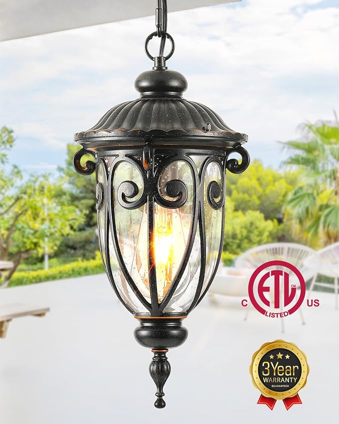 VIANIS Outdoor Pendant Light Lantern, Farmhouse Outdoor Chandelier, Vintage Outdoor Hanging Lights with Seed Glass, Brown Ceiling Lights for Porch, Porch Lights Ceiling for House