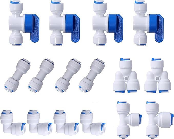 1/4" OD Quick Connect Push in to Connect Water Tube Fitting for RO Reverse Osmosis Water Filter(Ball Valve + T + I + L + Y, 16 Pack),White