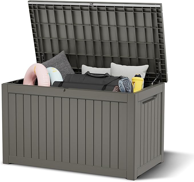 WTFGO 240 Gallon Large Resin deck box Waterproof,Outdoor Storage Bench,Patio Storage Box,Garden Tool Storage,UV-Resistant & All-Weather,Wood-like Striped Gray