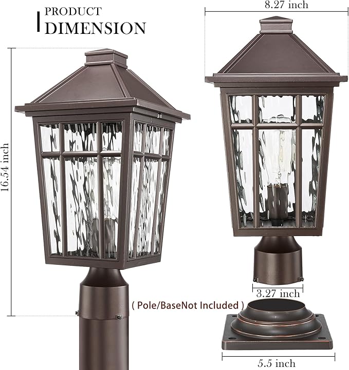 Darkaway Large Outdoor Post Lights Lamp Post Light Fixture, 17inch Waterproof Aluminum Housing with Water Ripple Glass, Fence Post Deck Lighting for Garden Patio Pathway