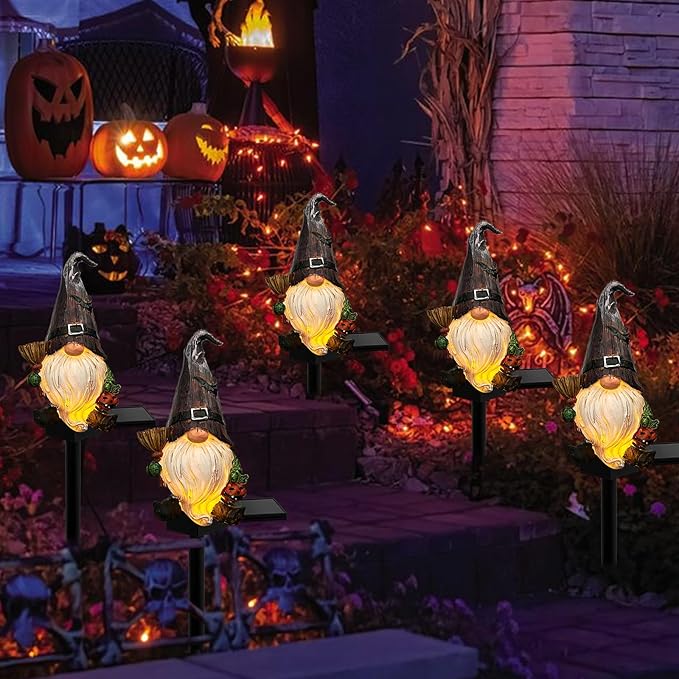 Halloween Gnome Garden Lights Outdoor Solar Halloween Pathway lights, Fall Yard Stakes Fall Decorations Gnome Statue with Bat&Pumpkin, Gnomes Gifts Fairy Garden Lights for Outside Lawn(Purple)
