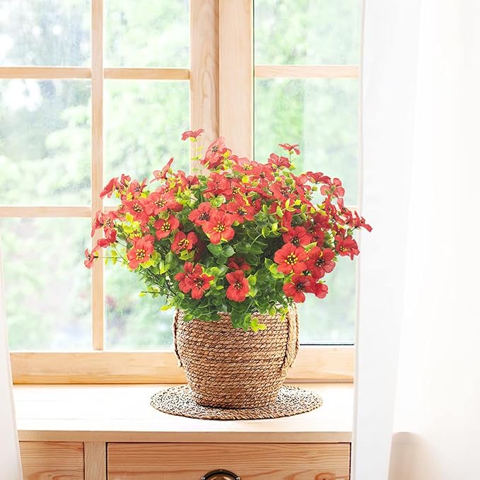 10 Bundles Artificial Flowers Outdoor UV Resistant Fake Flowers No Fade Faux Plants Garden Porch Window Box Decorating (Red)