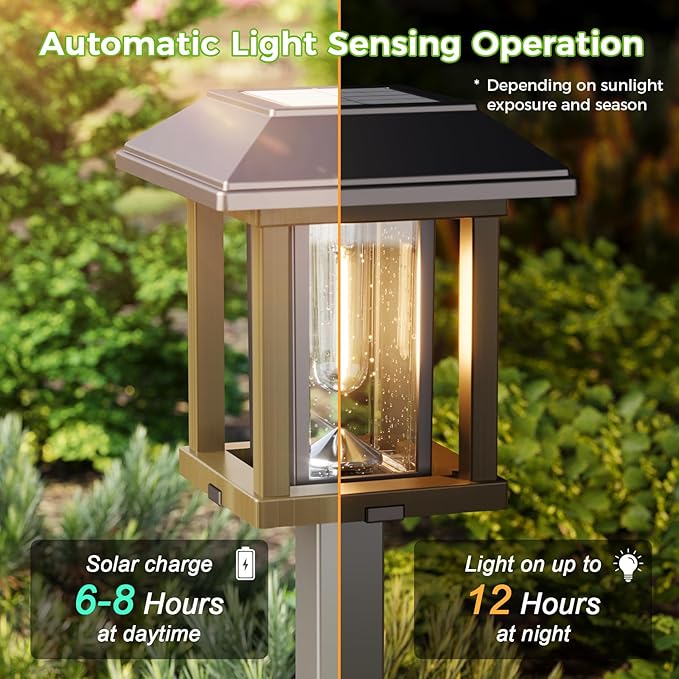 XMCOSY+ 4-Pack Solar Pathway Lights Outdoor, 25 Lumens Vintage Edison LED Landscape Lighting, IP65 Waterproof Seeded Glass & Metal Stakes Solar Powered Garden Lights for Yard Patio Walkway Driveway