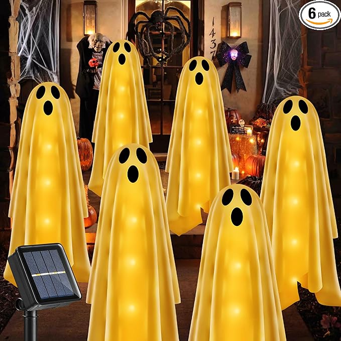 6PACKS Halloween Decorations Outdoor Solar Ghost Lights,Scary Ghost Decor with Spooky Party Gifts,Solar Halloween Path Lights for Front Porch/Yard/Garden/Home/Ghost Party Decor Warm White