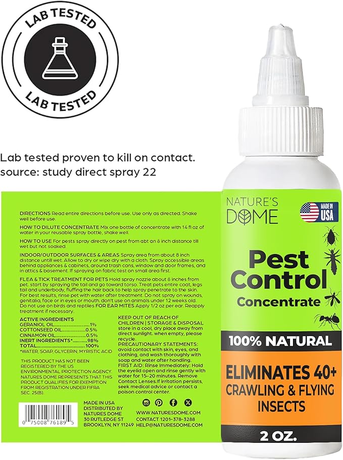 Nature’s Dome Pest Control Concentrate Spray 2 Oz (Pack of 2) | 100% Natural, Eco-Friendly Bug & Ant Spray – Each Bottle Makes 16 Oz | Bug Spray for Fleas, Ticks & Mosquitoes | Safe for Pets & Kids