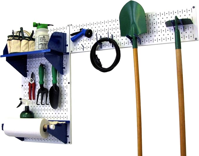 Wall Control Pegboard Garden Supplies Storage and Organization Garden Tool Organizer Kit with White Pegboard and Blue Accessories