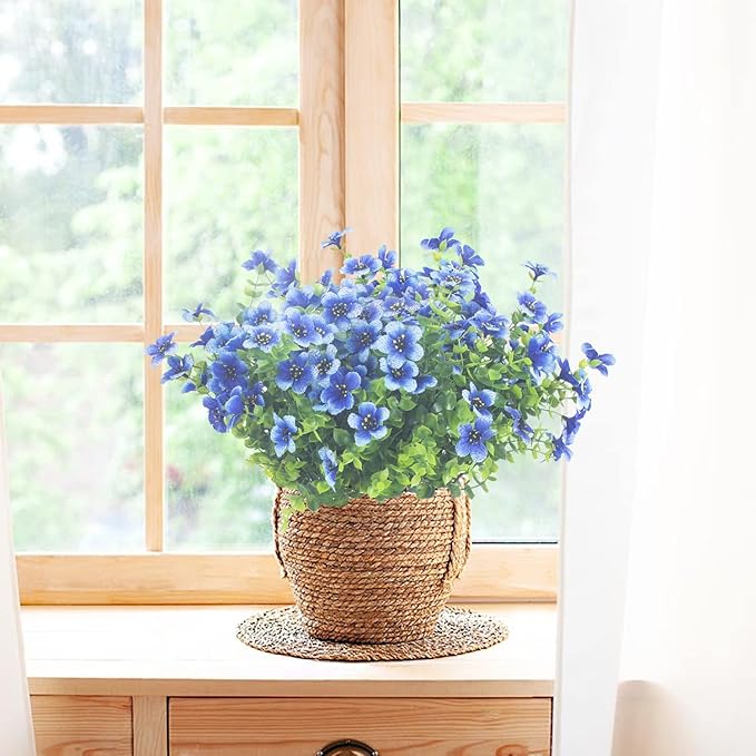 10 Bundles Artificial Flowers Outdoor UV Resistant Fake Flowers No Fade Faux Plants Garden Porch Window Box Decorating (Blue)