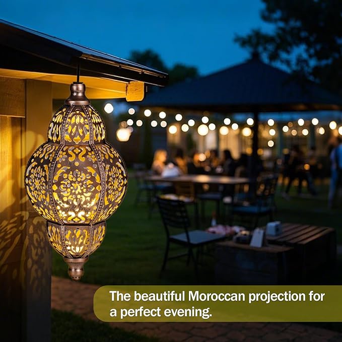 Solar Lanterns Outdoor Garden Decor, Hanging Moroccan Lanterns for Outside, Metal Solar Chandelier Outdoor for Mother's Days Gifts, Patio,Lawn, Yard Art for Women