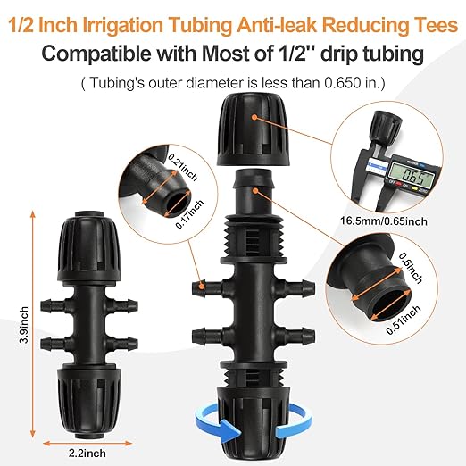 Copadri 12 Pcs 1/2 inch to 1/4 inch Drip Irrigation Tubing Fittings, 1/2" Drip Tubing (1/2" ID x 0.65" OD) to 4 Way 1/4" Irrigation Tubing Locked Barbed Reducing Tee Connectors for Garden Systems